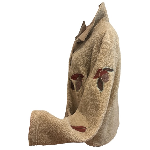 90s TEDDI TAN FLEECE JACKET AUTUMN THEMED LEAVES ACORNS APPLIQUES COTTAGECORE L - Picture 3 of 6